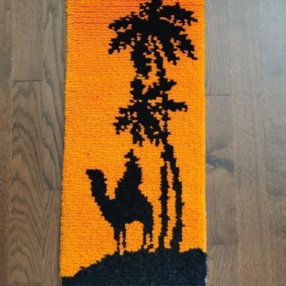 60s Latch Hook Wall Hanging 14"x39" Vintage MCM Orange Black Camel Rider Palm